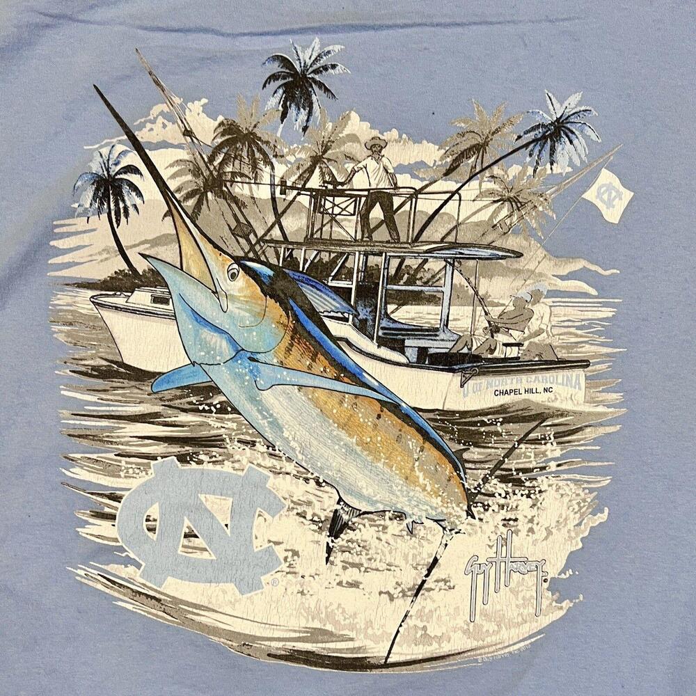 UNC Tar Heels T Shirt Mens Sz XL Blue Fishing Swordfish Guy Harvey THRASHED - Picture 7 of 10